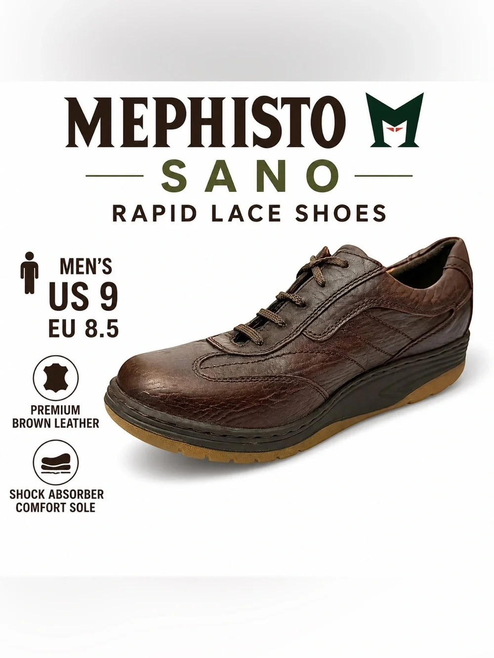 Mephisto Sano Rapid Lace Shoes Men’s US 9 EU 8.5 Brown Leather Comfort